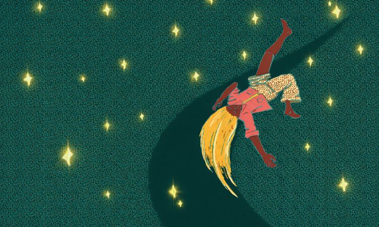 Illustration einer schwebenden Figur mit langen gelben Haaren vor dunkelgrünem Hintergrund mit leuchtenden Sternen.