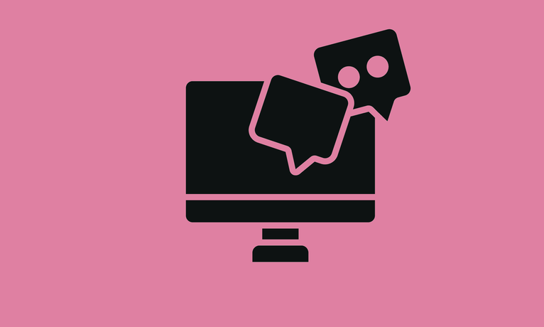 Symbolgrafik eines Computerbildschirms mit zwei Sprechblasen auf rosa Hintergrund