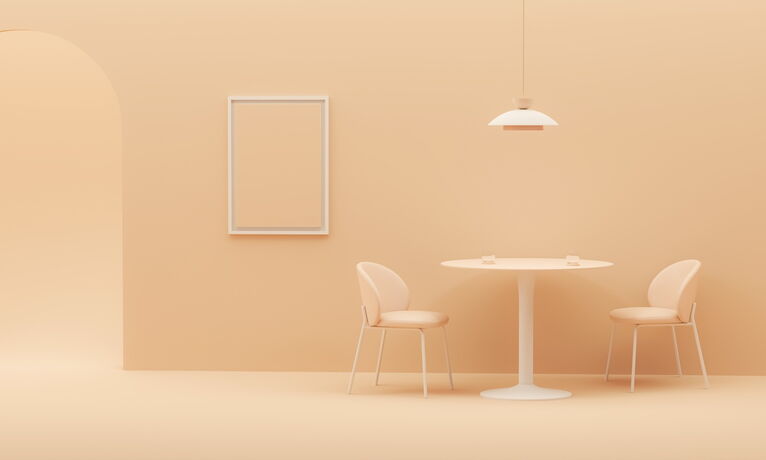 Ein minimalistischer Raum in sanften Pfirsich- und Cremetönen. Im Vordergrund befindet sich ein runder Tisch mit zwei Stühlen. An der Wand hängt ein leerer Rahmen, und über dem Tisch hängt eine Lampe.