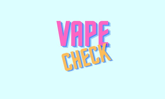 Logo VapeCheck: Schriftzug "VAPE" ist pink, Schriftzug "CHECK" ist gelb, alles vor hellblauem Hintergrund