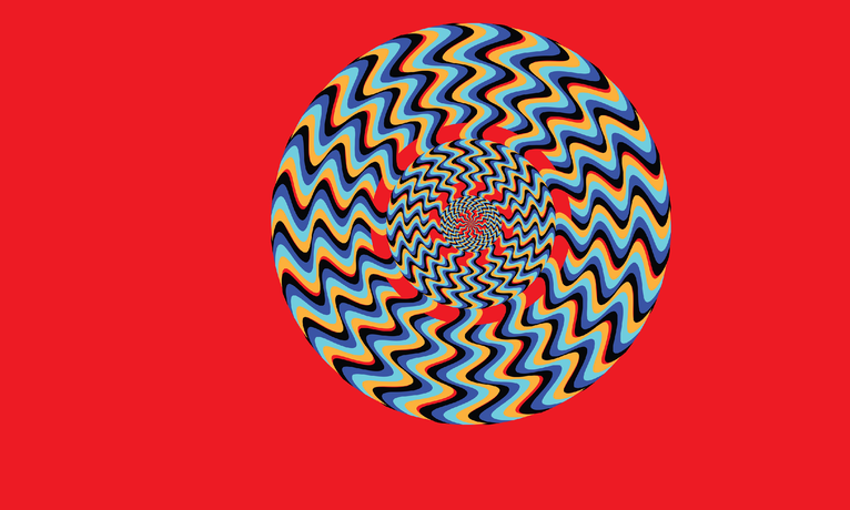 Psychedelisches Bild vor rotem Hintergrund. Es gibt die Illusion, dass sich das Bild dreht.