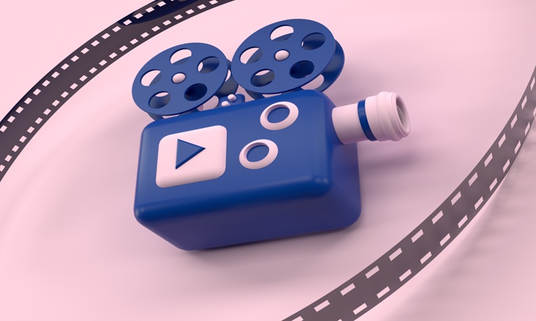 3D-Icon einer blauen Filmkamera mit Play-Symbol